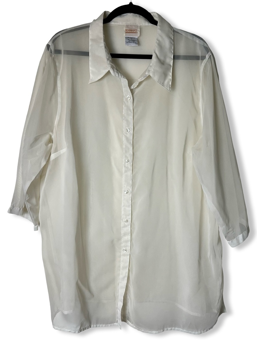 Vintage 90s Roaman's Womens Plus Sheer Button Up Tunic Blouse Ivory Sz. 1X